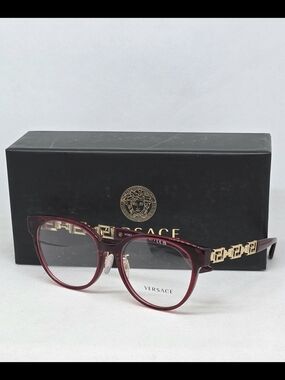 Versace Women's Burgundy Frame Glasses with Gold Greek Key Temples